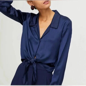 ARITZIA WILFRED SATIN TIE BLOUSE INDIGO 100% CUPRO LONG SLEEVES CROPPED TO WAIST